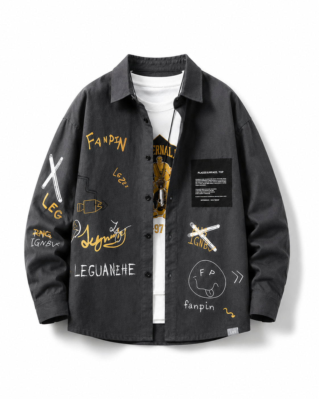 Charcoal graphic long-sleeve utility casual shirt on white studio background