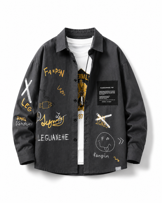 Charcoal graphic long-sleeve utility casual shirt on white studio background