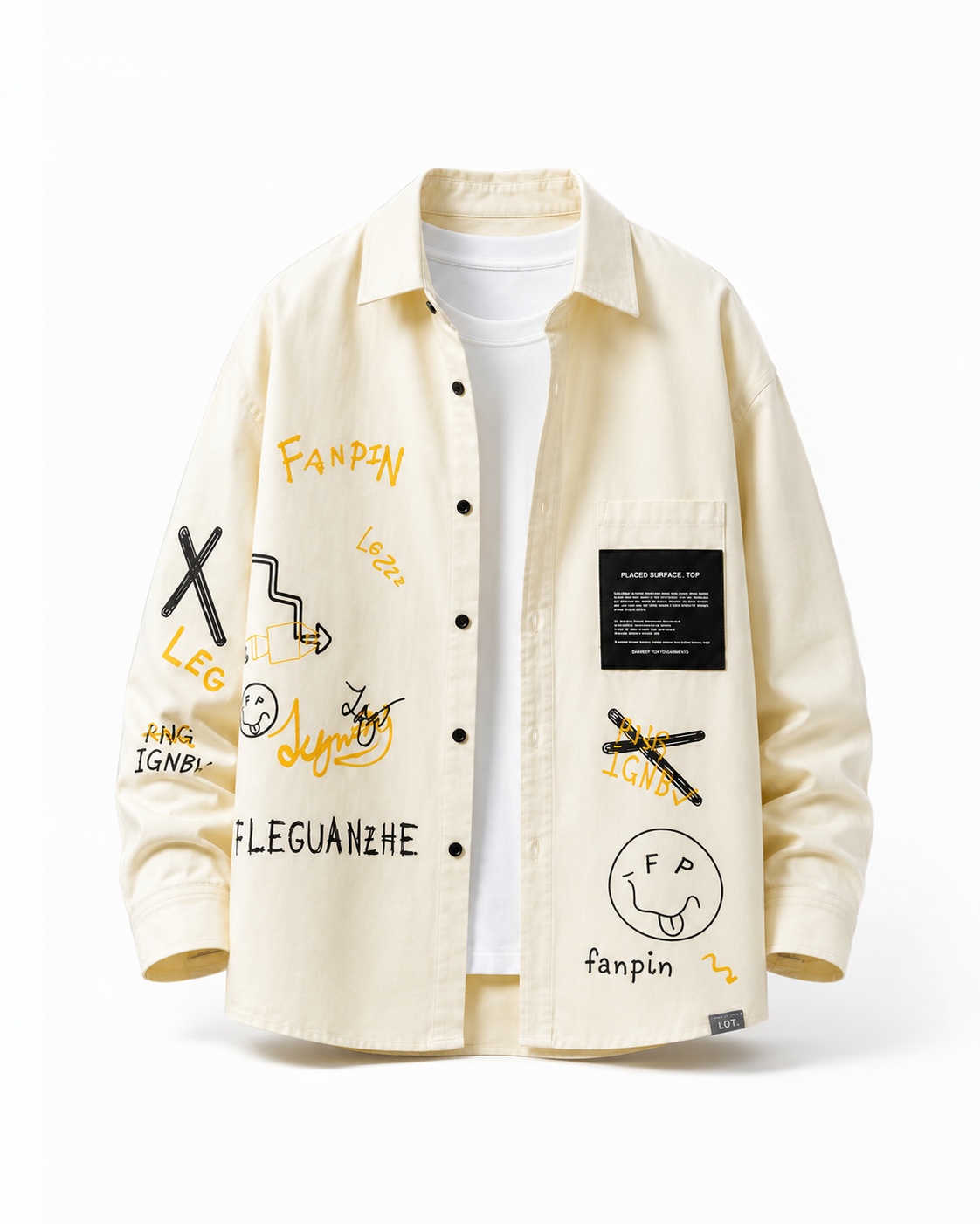 Cream graphic long-sleeve utility casual shirt on white studio background