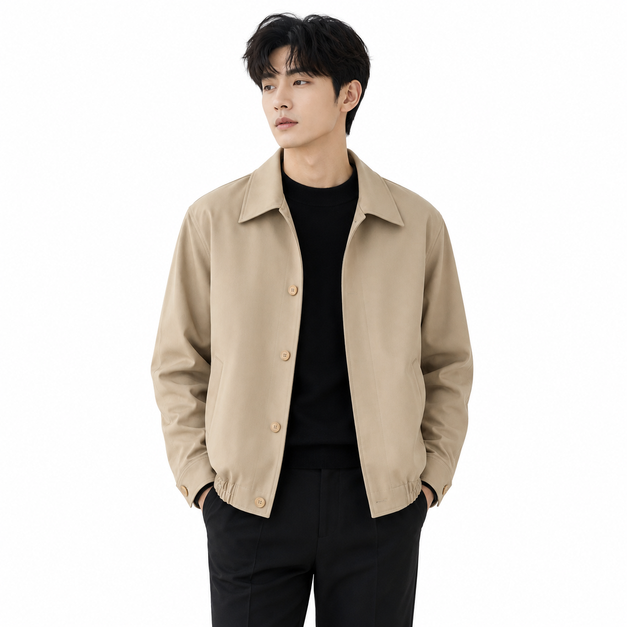 Dark khaki cropped jacket — front model view on white