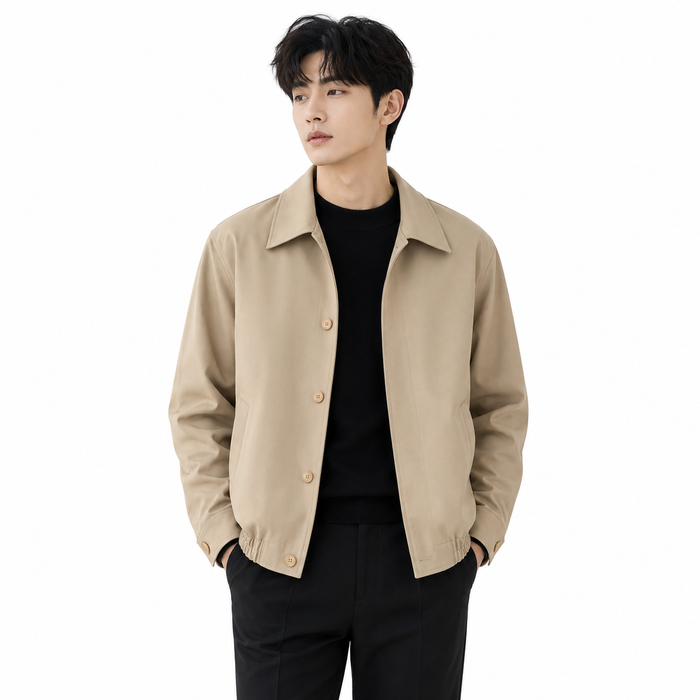 Dark khaki cropped jacket — front model view on white