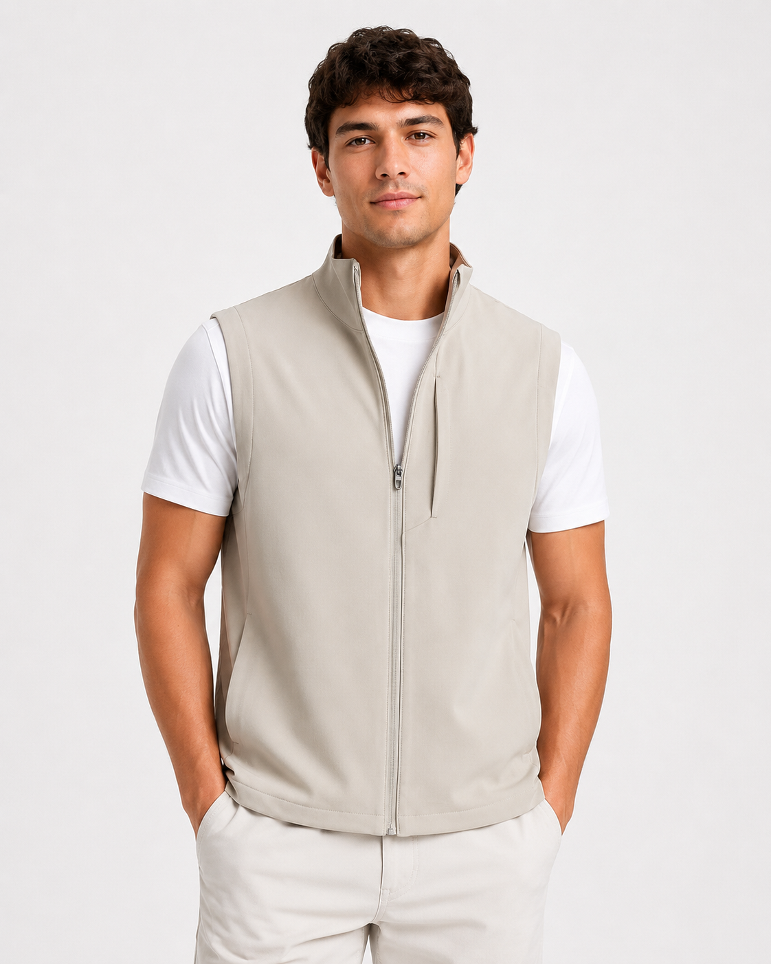 Light apricot men's sleeveless sport vest worn by a male model