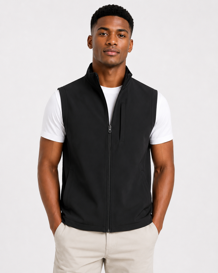 Black men's sleeveless sport vest worn by a Black male model