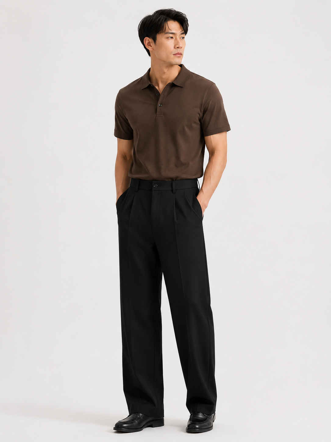 Male model wearing black straight-leg loose casual pants with a brown polo on a white studio background