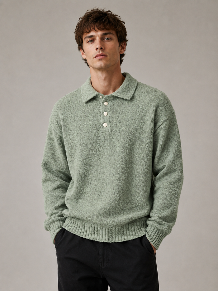 Professional male model wearing the Moss Knit Sweater — front view