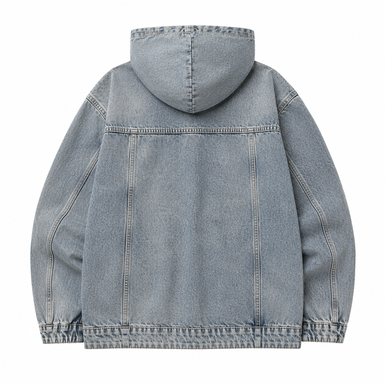 Nomad Hooded Denim Jacket in vintage blue wash, back product view