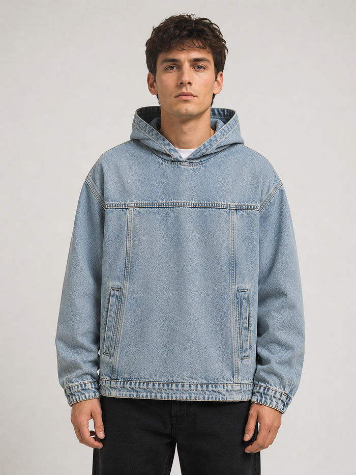 Male model wearing the Nomad Hooded Denim Jacket in vintage blue wash, front view