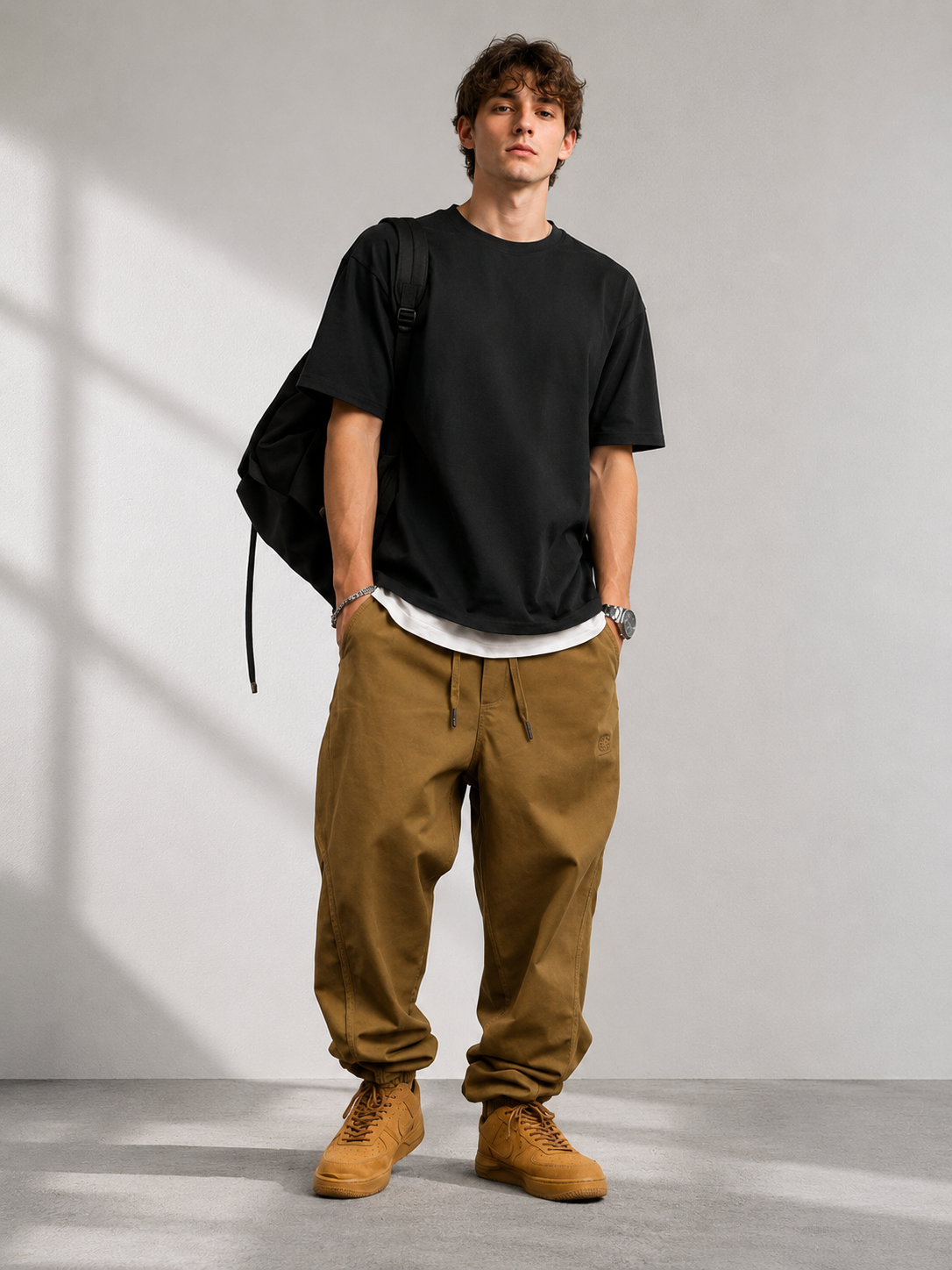 Oversized Harajuku Cargo Joggers in camel on model front view