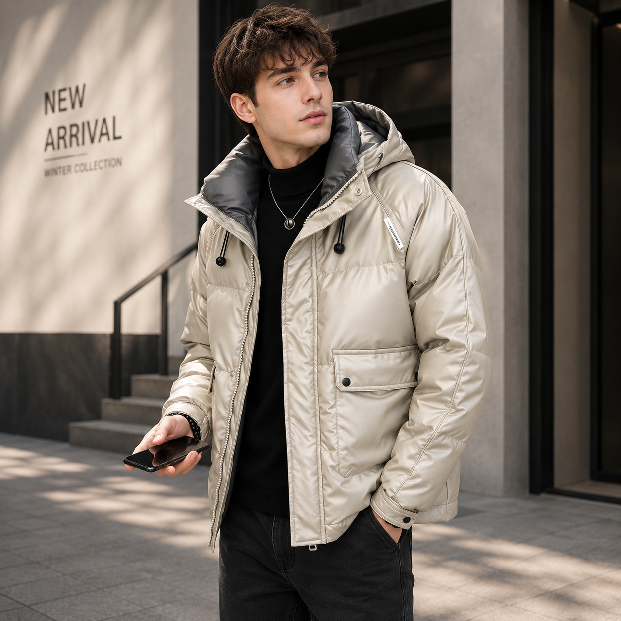 Paneled hooded down jacket beige lifestyle ad image on model