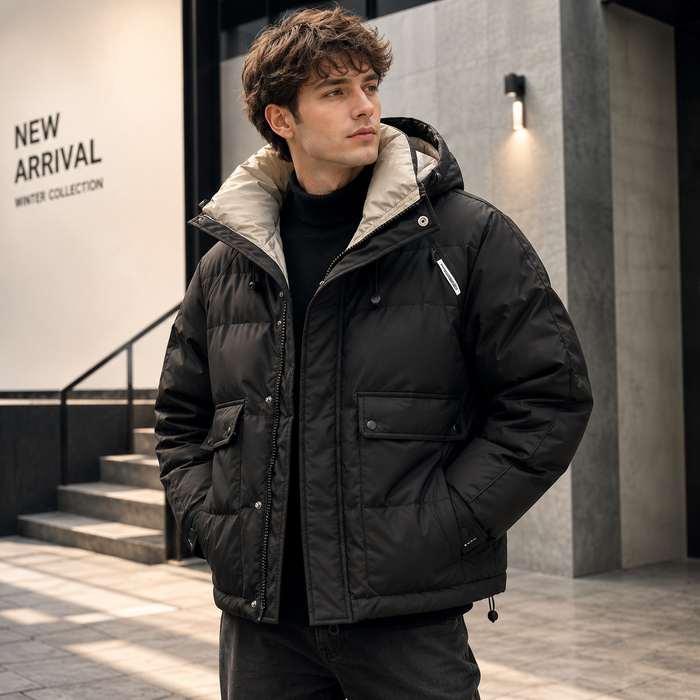 Paneled hooded down jacket black lifestyle ad image on model