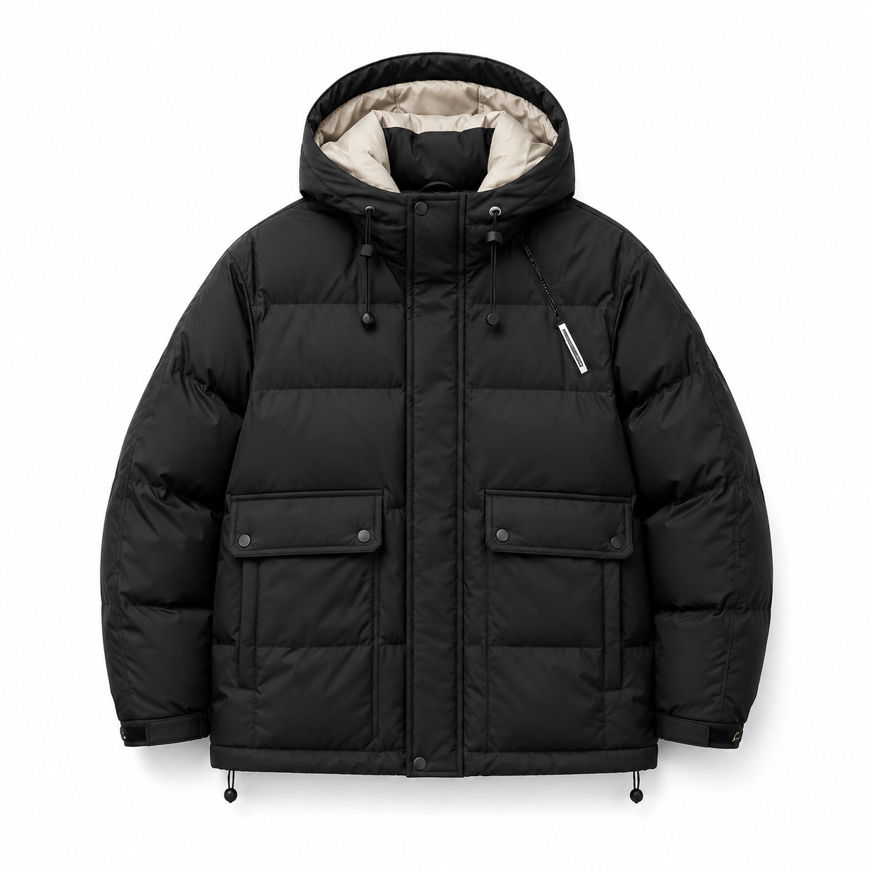 Paneled Hooded Down Jacket black product-only image on white background