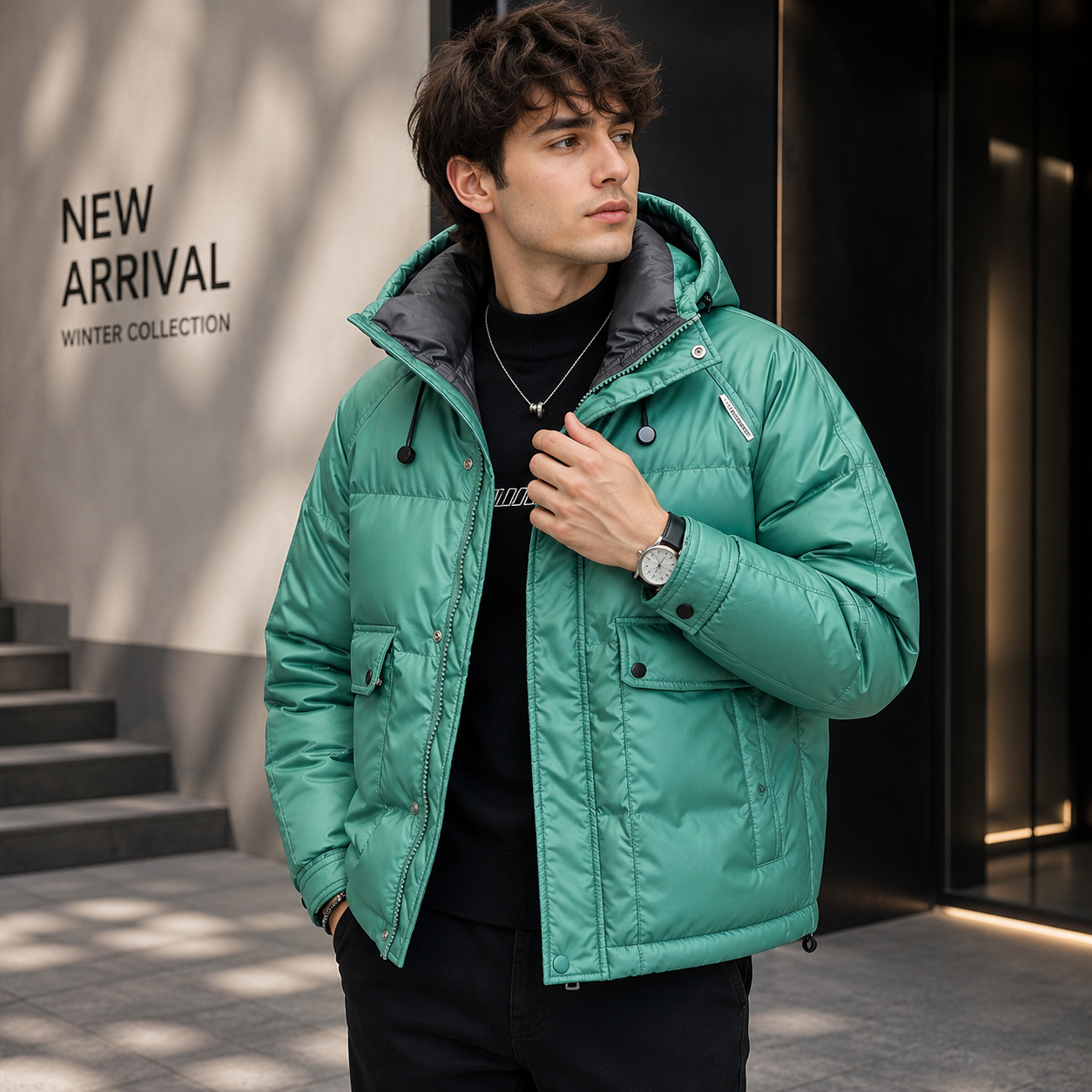 Paneled hooded down jacket green lifestyle ad image on model
