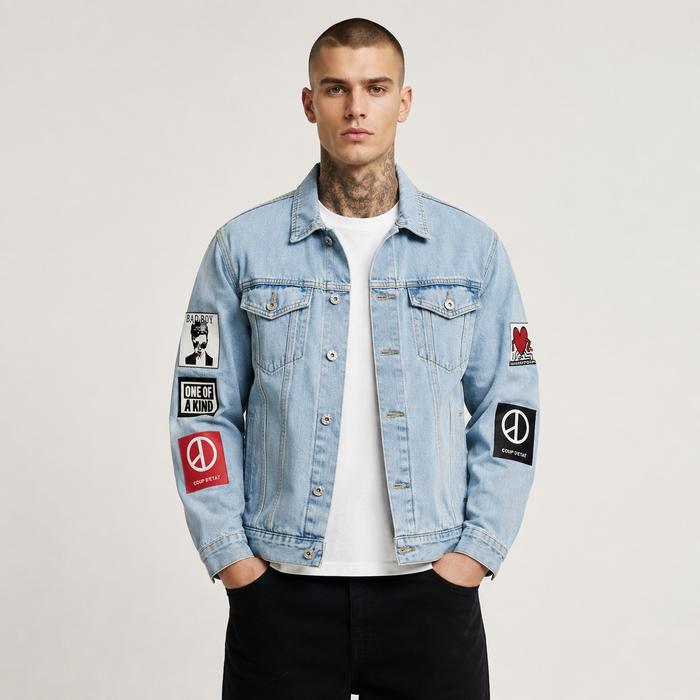 Male model wearing a light blue denim jacket with graphic sleeve patches, front view in a professional studio
