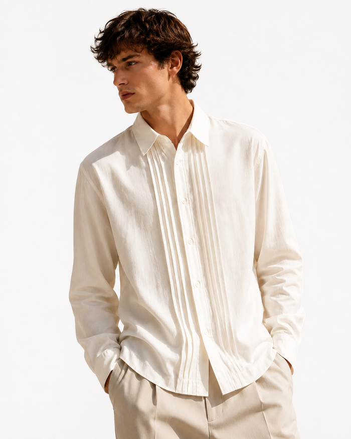 Pleated-Placket Fashion Shirt in white on a clean studio background