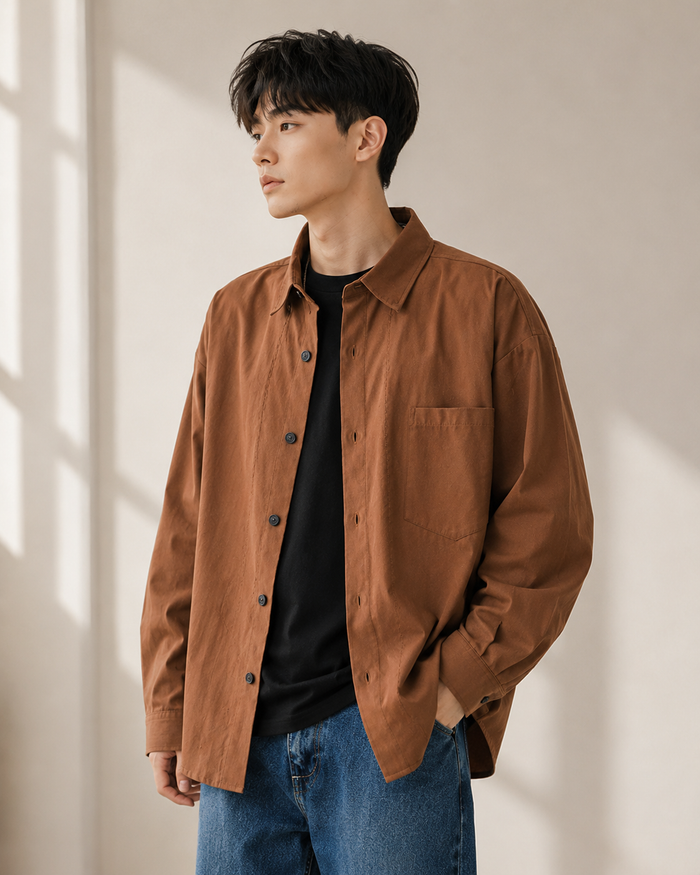 Male model wearing brown pure cotton casual outer shirt