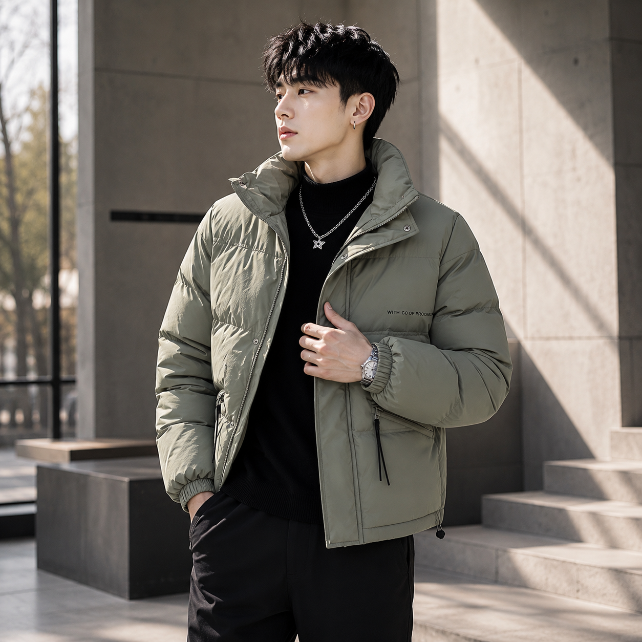 Quilted padded jacket sage lifestyle ad image on Asian male model