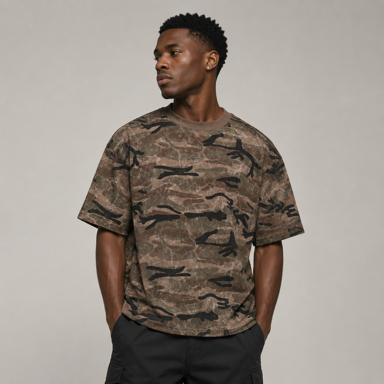 Recon Camo Crew Tee green camo on model