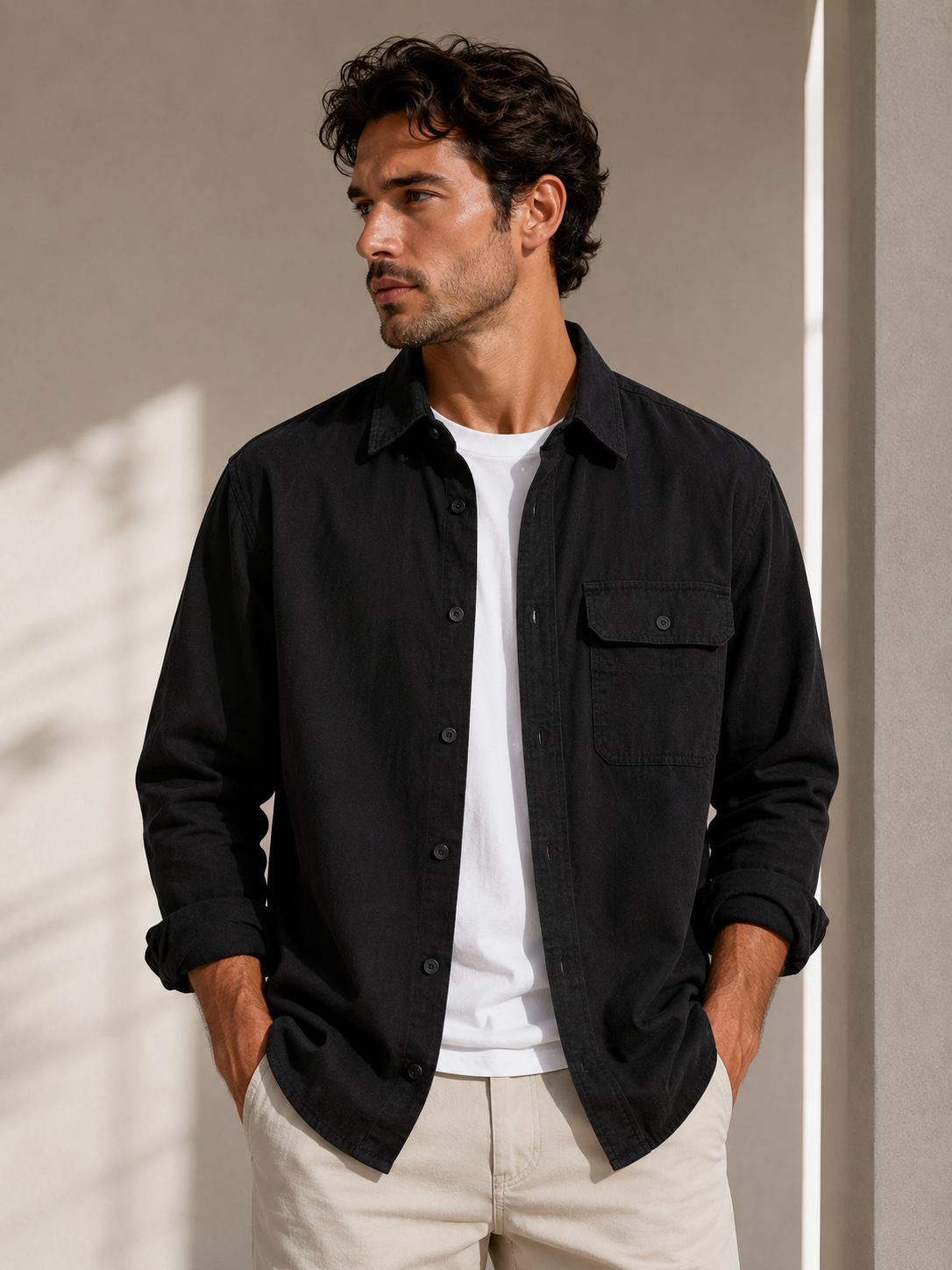 Relaxed Solid-Color Long-Sleeve Shirt black color on model