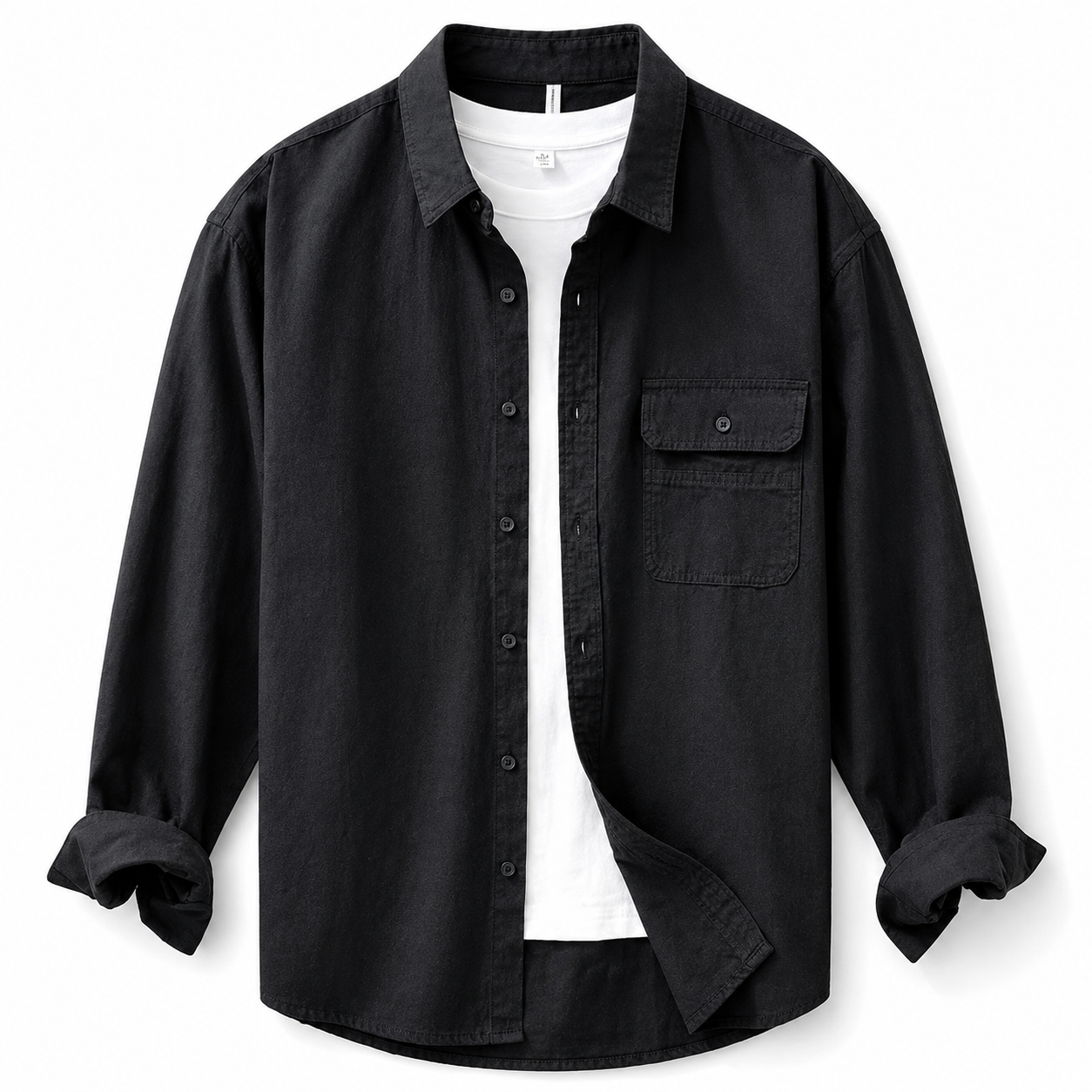 Relaxed Solid-Color Long-Sleeve Shirt black product image on white background