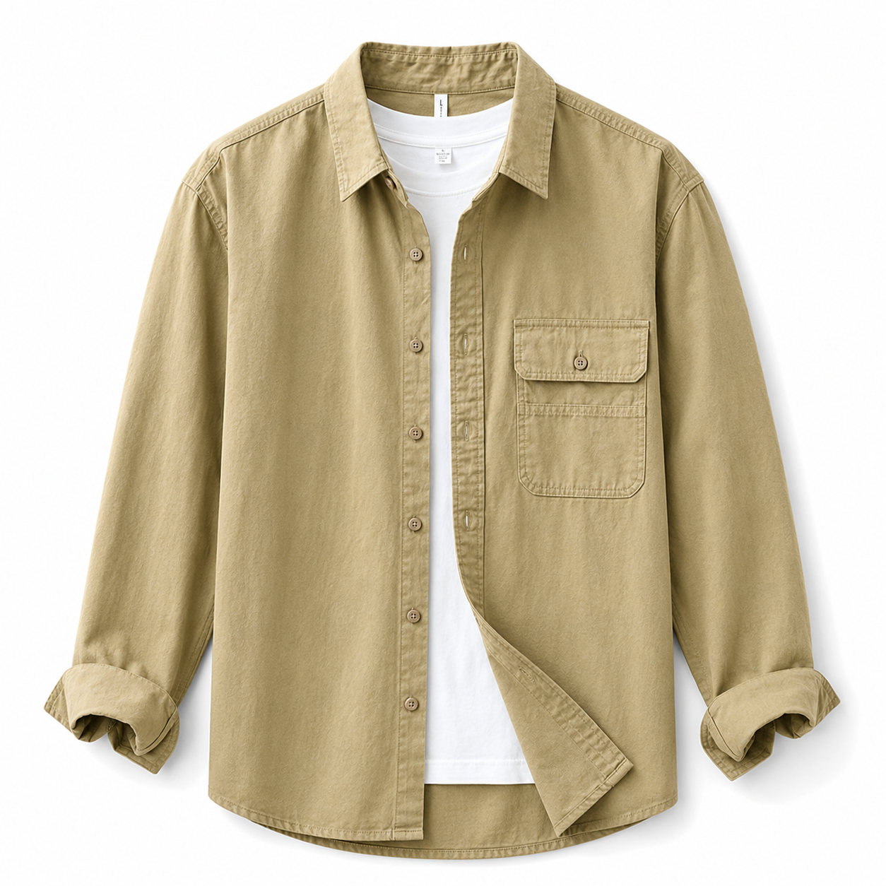 Relaxed Solid-Color Long-Sleeve Shirt khaki product image on white background
