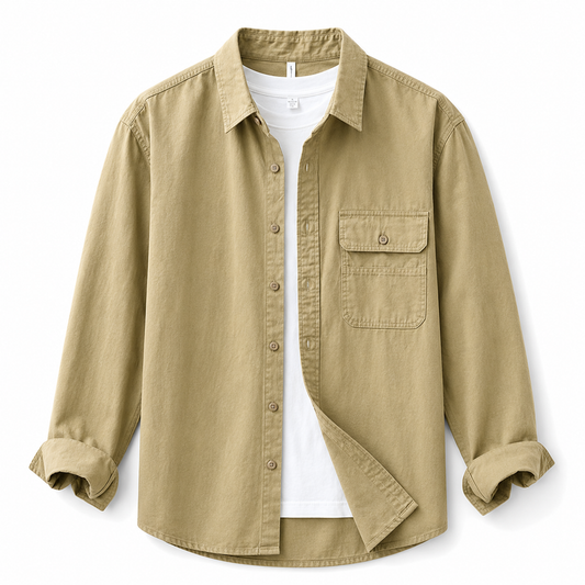 Relaxed Solid-Color Long-Sleeve Shirt khaki product image on white background
