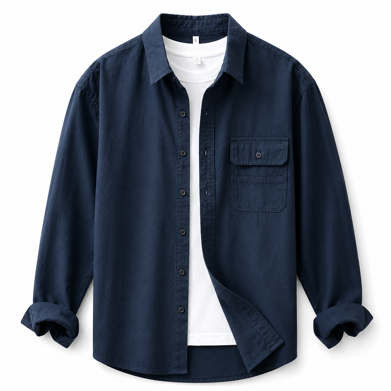 Relaxed Solid-Color Long-Sleeve Shirt navy product image on white background