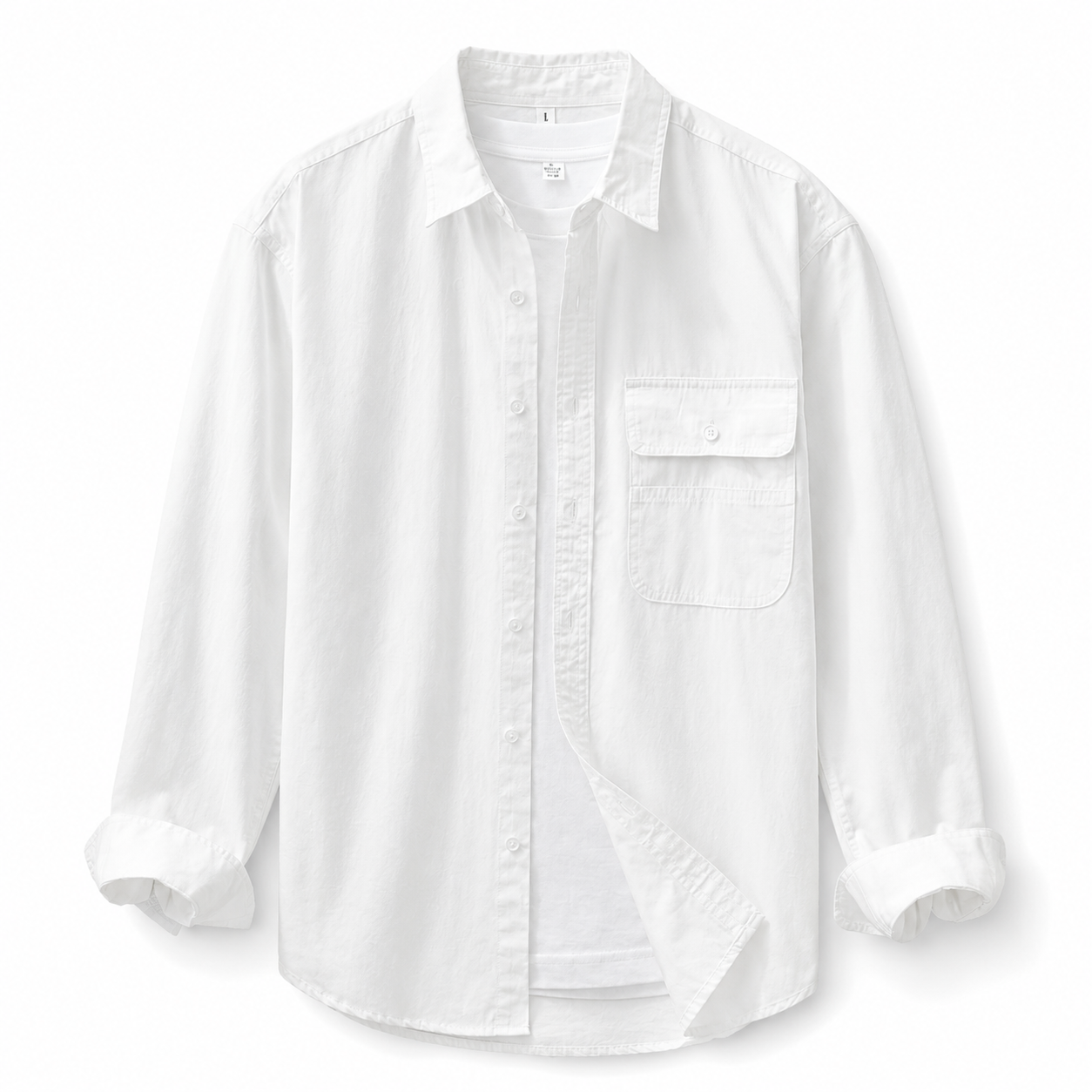 Relaxed Solid-Color Long-Sleeve Shirt white product image on white background