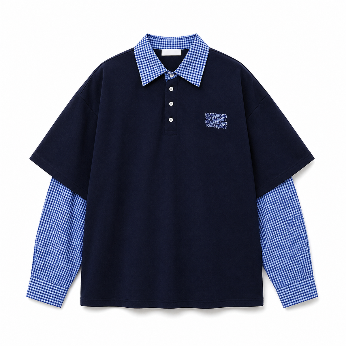 Navy retro patchwork long-sleeve polo product-only image on white background