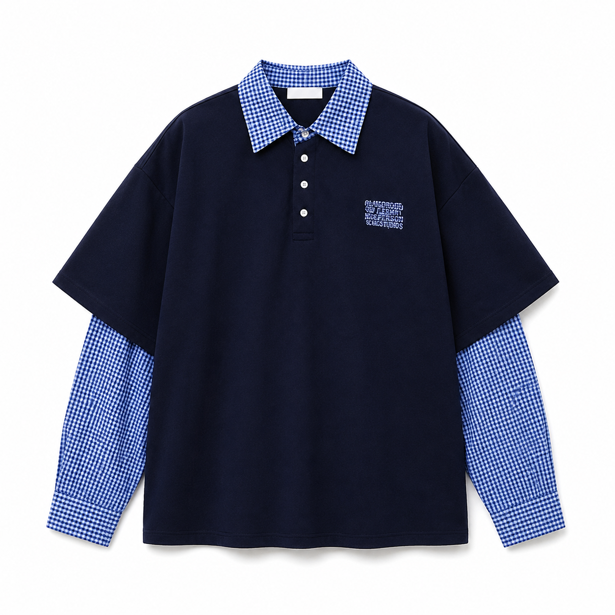 Navy retro patchwork long-sleeve polo product-only image on white background