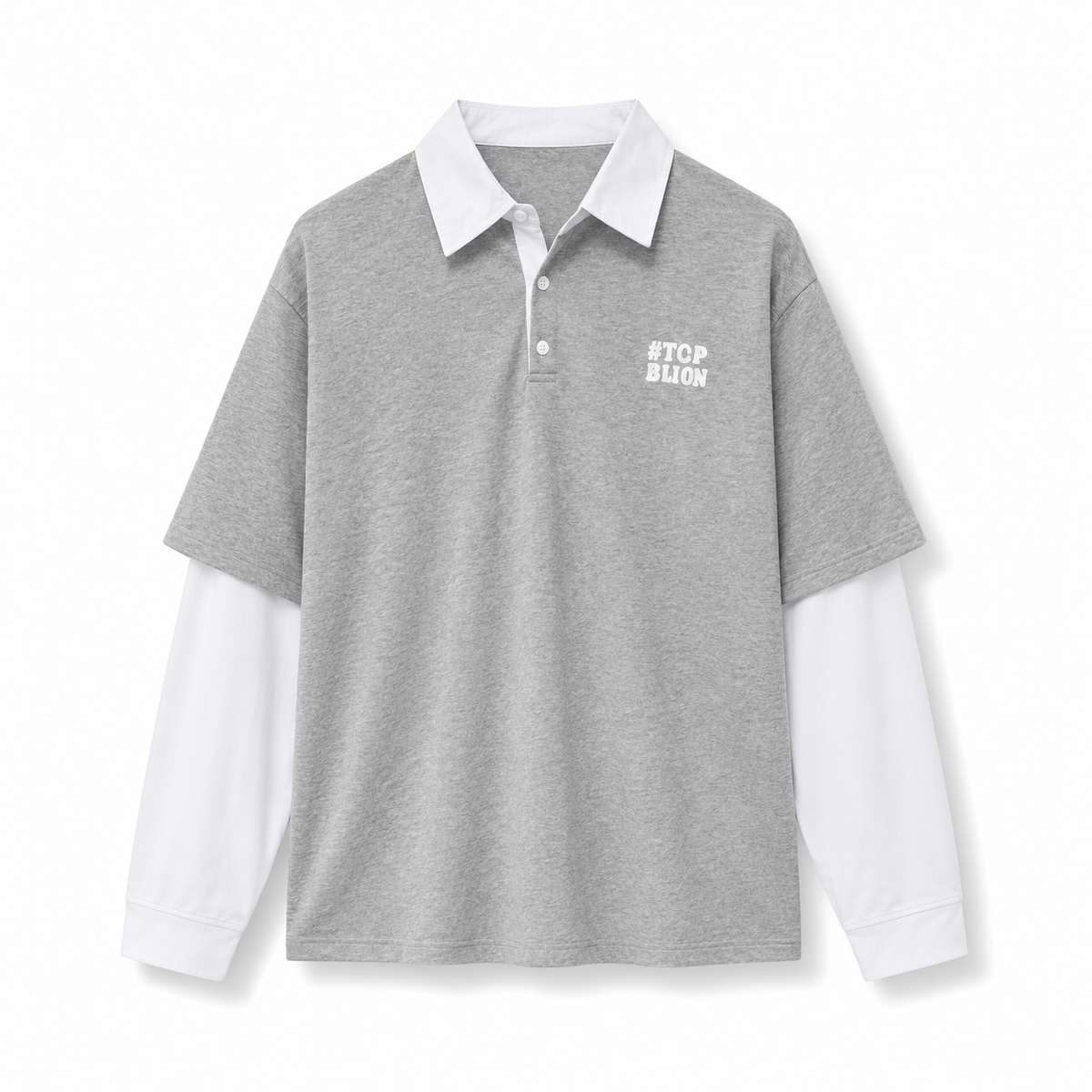 Grey retro patchwork long-sleeve polo product-only image on white background