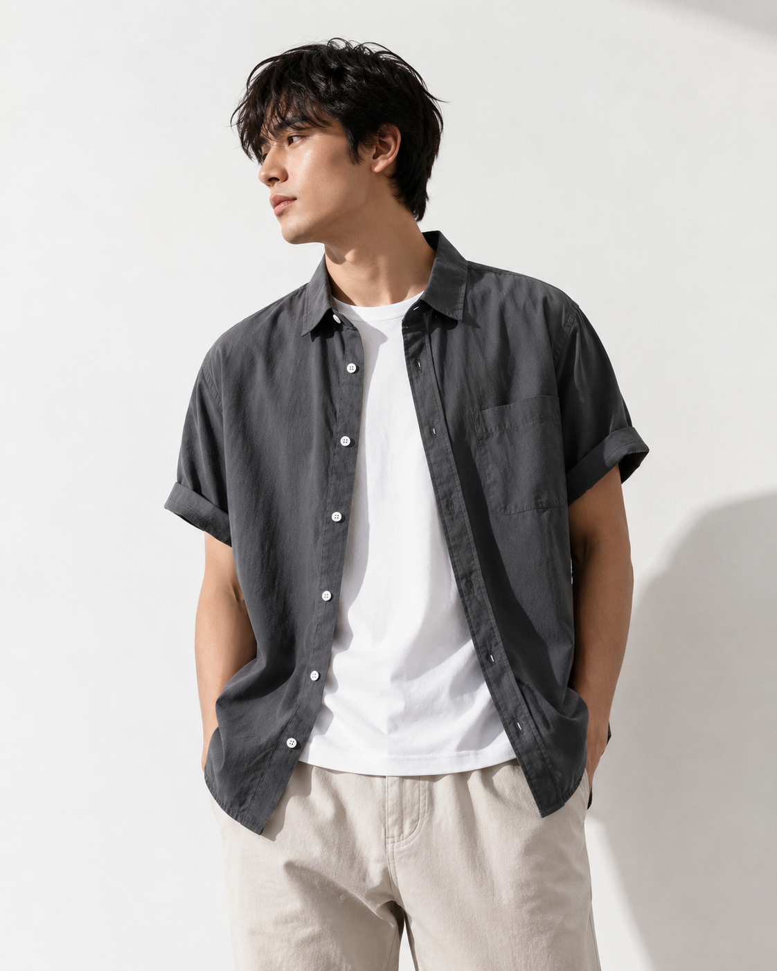 Retro Solid-Color Cotton Shirt charcoal color on model