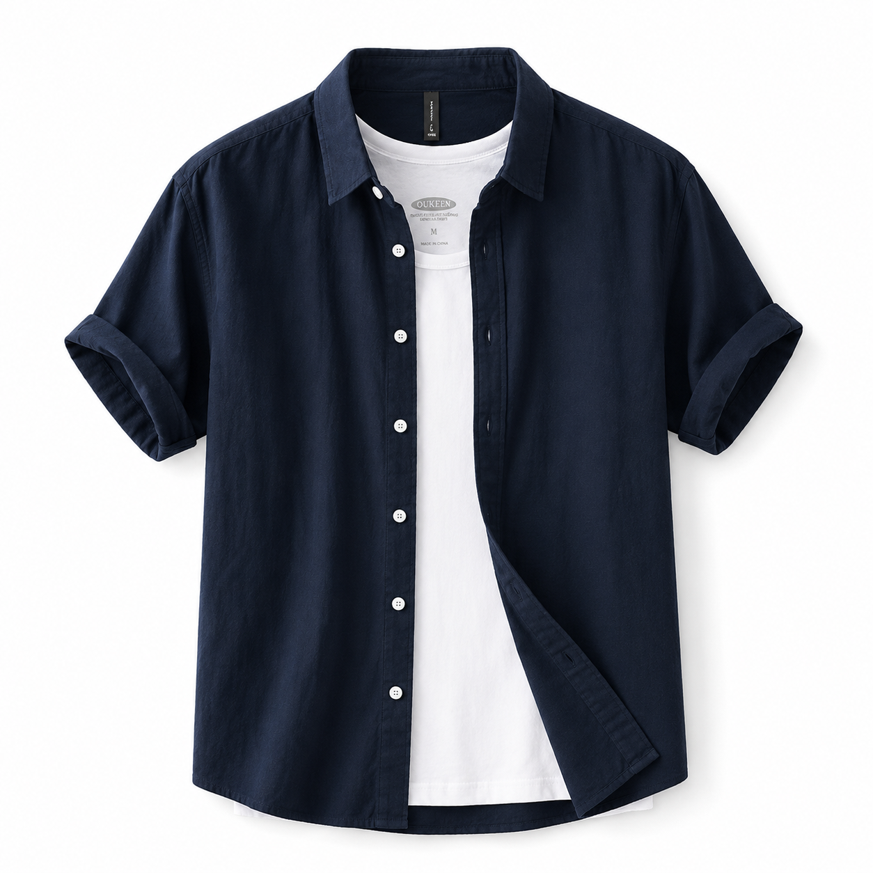 Retro Solid-Color Cotton Shirt navy product image on white background