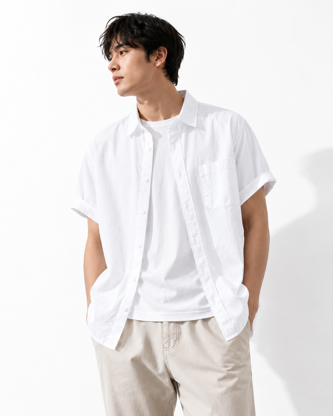 Retro Solid-Color Cotton Shirt white color on model