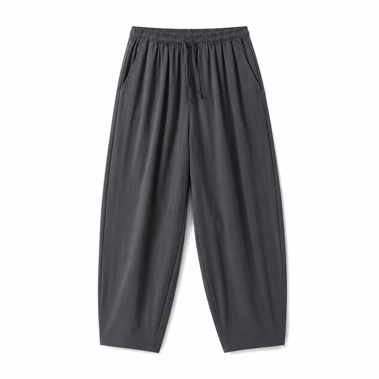 Dark gray relaxed tapered drawstring pants, front product view on white background