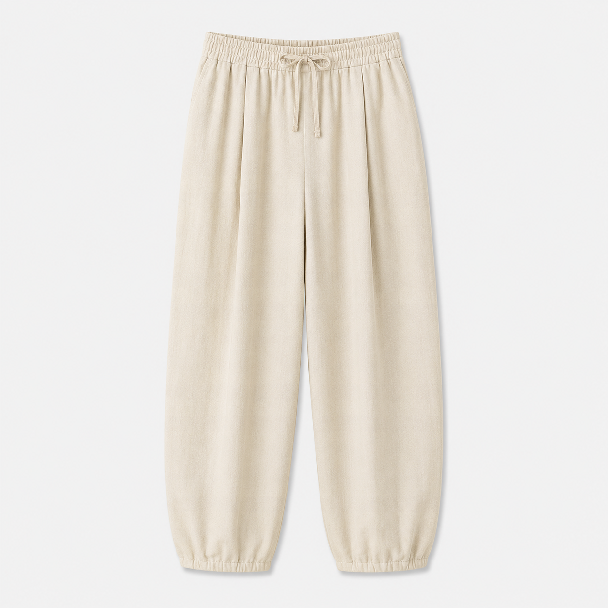 Khaki relaxed tapered drawstring pants, front product view on white background