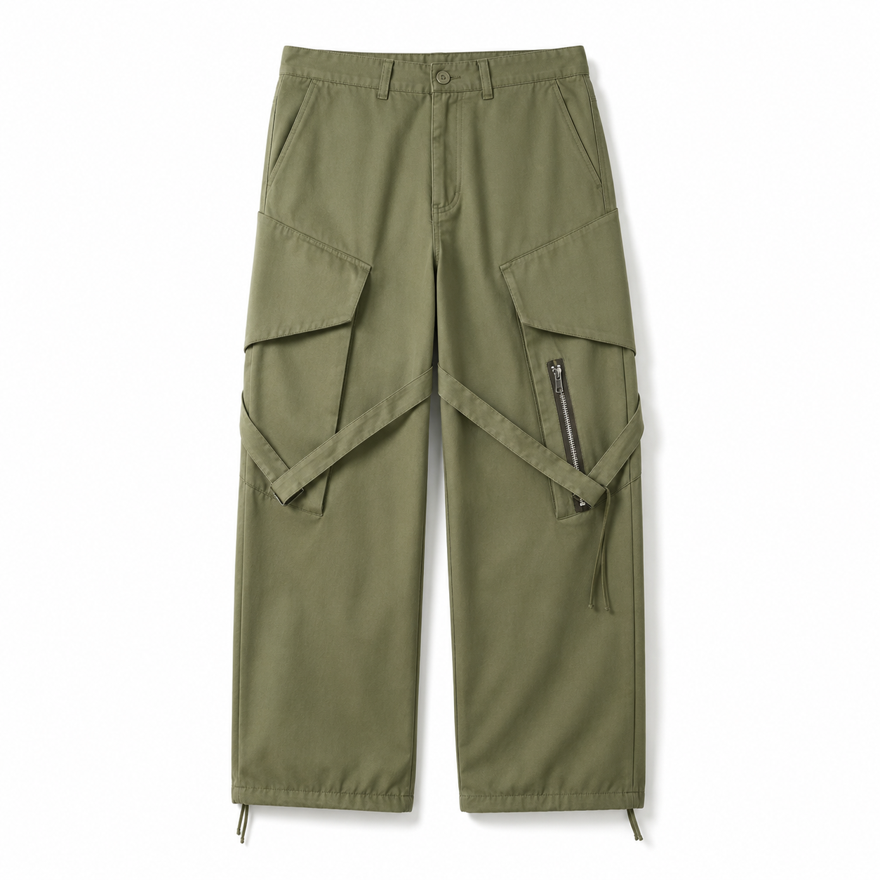 Retro Wide-Leg Work Pants army green utility cargo front view on white background