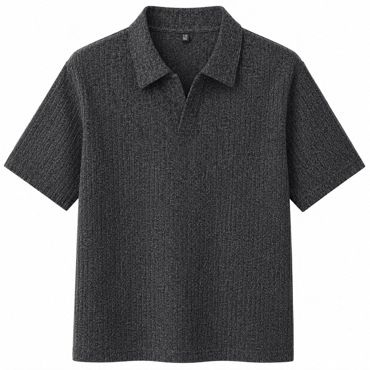 Black and Gray Savanna Striped Polo, front view on white background