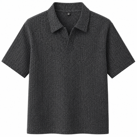 Black and Gray Savanna Striped Polo, front view on white background