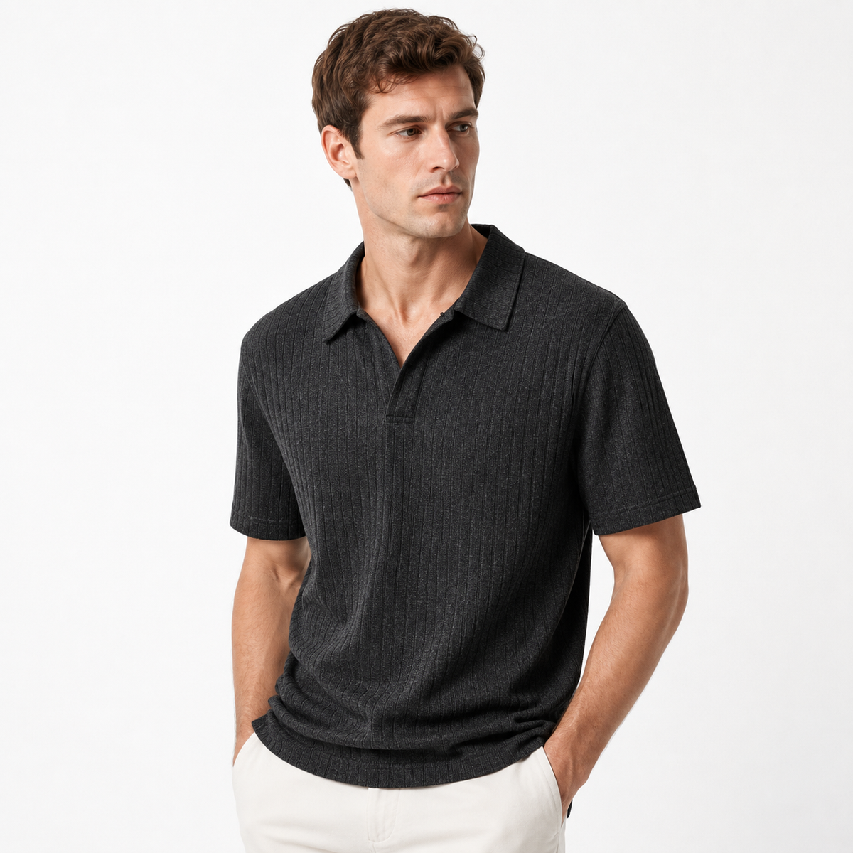 Black and Gray Savanna Striped Polo styled on a male model, front view