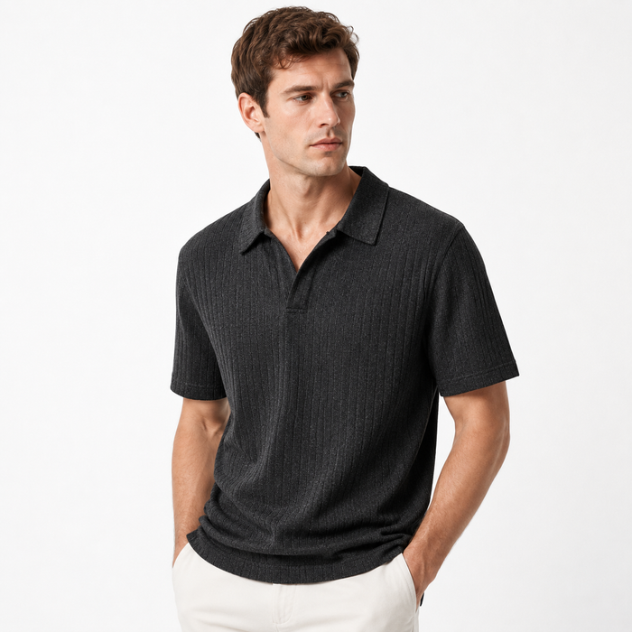 Black and Gray Savanna Striped Polo styled on a male model, front view