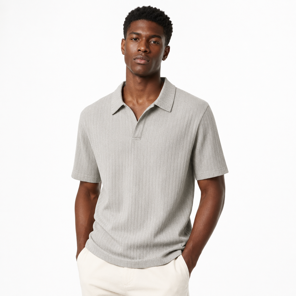 Flower Gray Savanna Striped Polo styled on a male model, front view