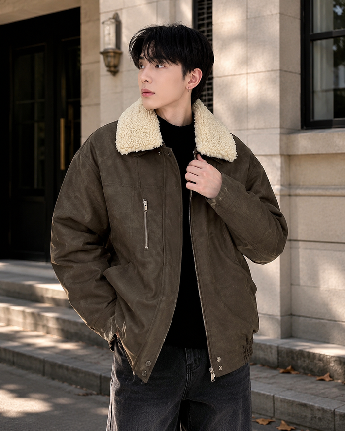 Sherpa-lined padded lapel coat street lifestyle ad image