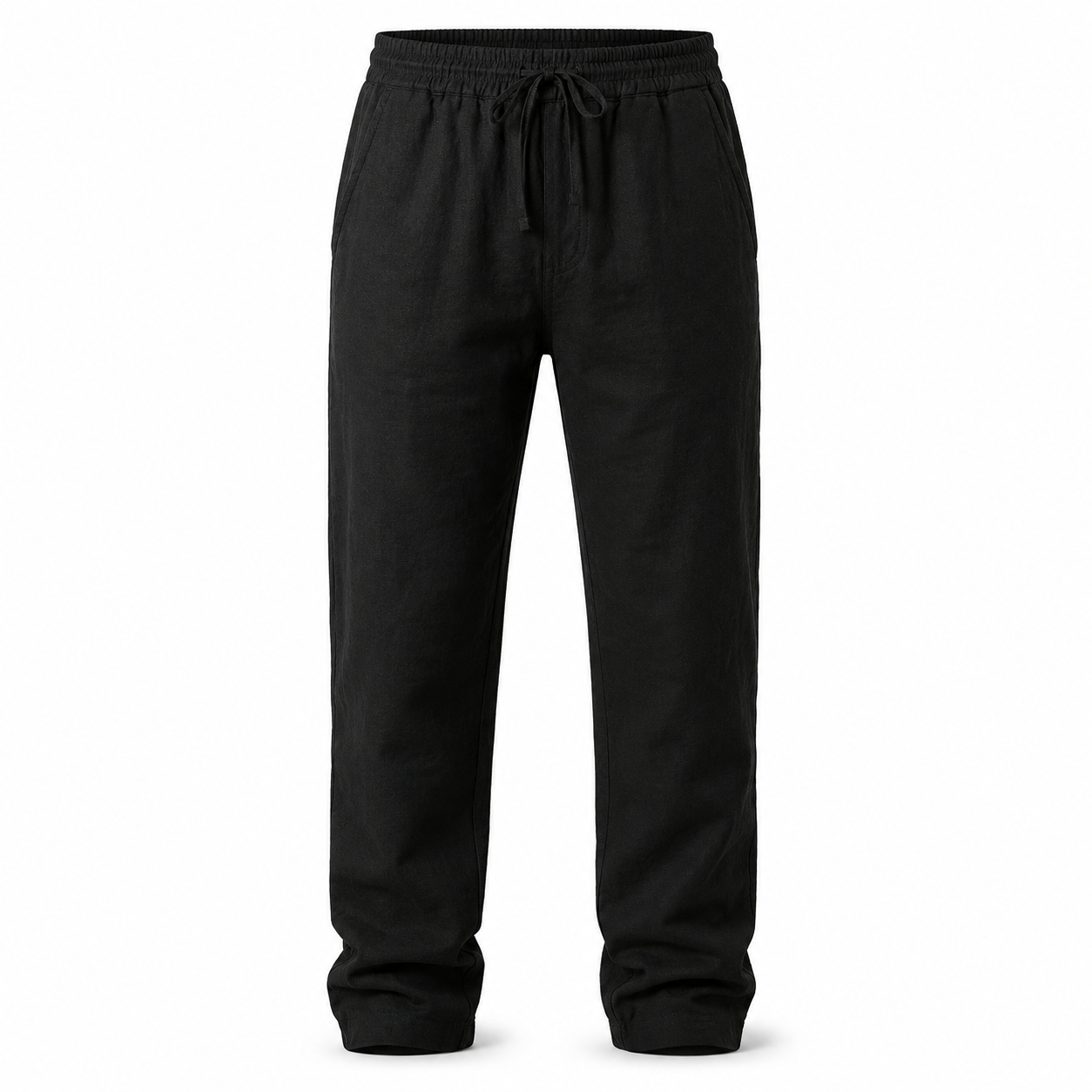 Solid-Color Loose Cotton Linen Pants black front view on white background