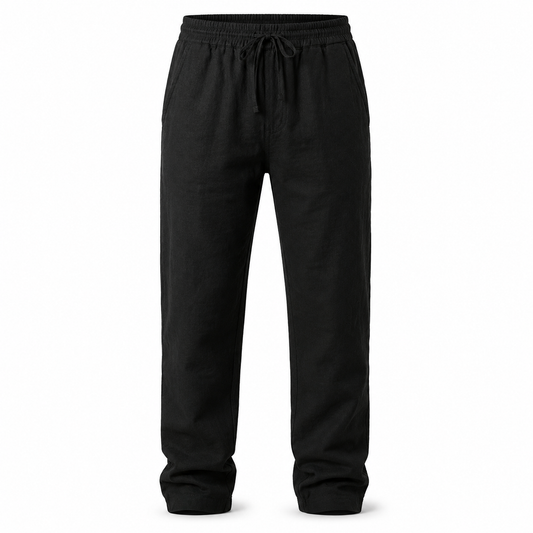 Solid-Color Loose Cotton Linen Pants black front view on white background