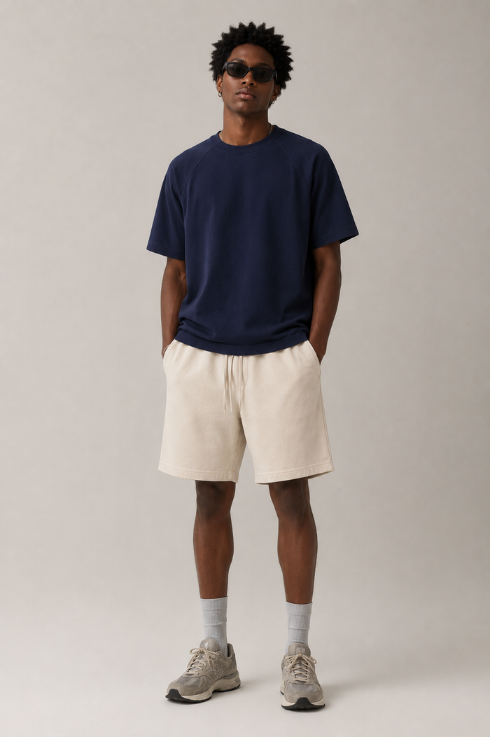 Professional male model wearing the Stitchwork Cotton Tee in sapphire blue — front view