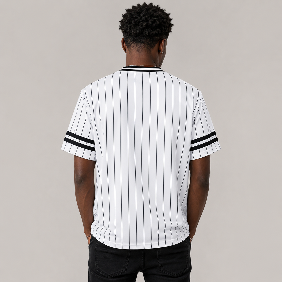 White pinstripe V-neck T-shirt on Black male model, back view