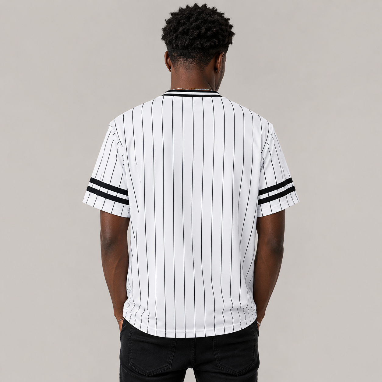 White pinstripe V-neck T-shirt on Black male model, back view
