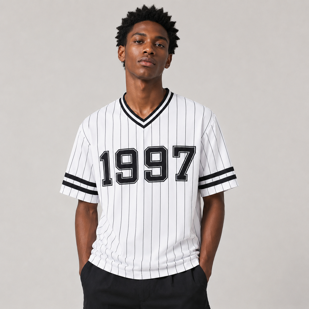 White pinstripe 1997 V-neck T-shirt on Black male model, front view