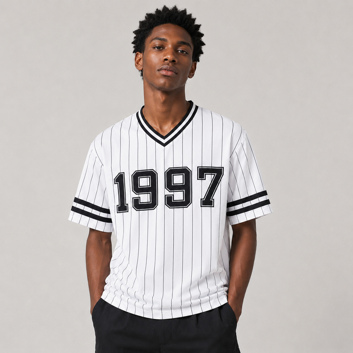 White pinstripe 1997 V-neck T-shirt on Black male model, front view