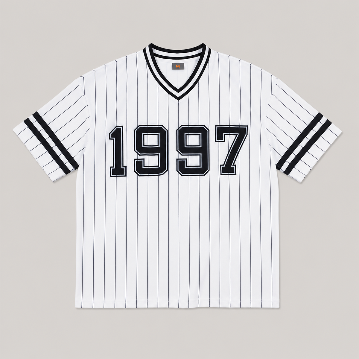 White pinstripe 1997 V-neck T-shirt, product front view